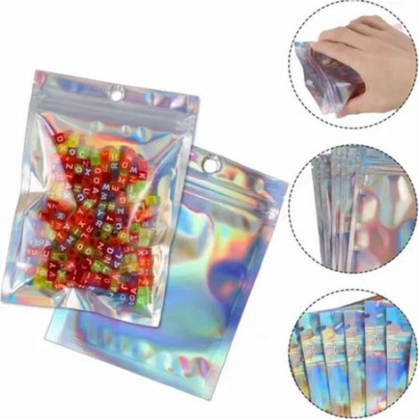 Selbstklebende holografische Zellophantüten – 100 Stück, 9 x 12 cm, mit schillerndem Reißverschluss zur Aufbewahrung von Süßigkeiten und Schmuck (1/5)