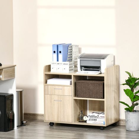 Meuble porte-imprimante sur roulettes, meuble de bureau bas, rangement polyvalent avec 4 roues, chêne, 80x40x72cm (1/5)