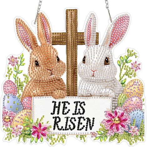 Diamond Painting Anhänger Ostern Hase Kreuz "He is Risen" Fensterdeko Hängend (1/4)