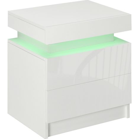 White Bedside Table with LED Light, High Gloss Front Nightstand with 2 Drawers, for Living Room, Bedroom