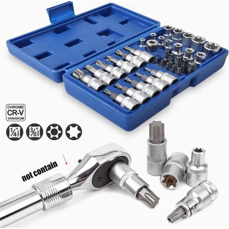 Kit 34 pcs Torx et E-Torx, Douilles Hexa et Embouts de Sécurité, 1/4" 3/8" 1/2", outil manuel robuste pour voiture, bricolage et mécanique (1/5)