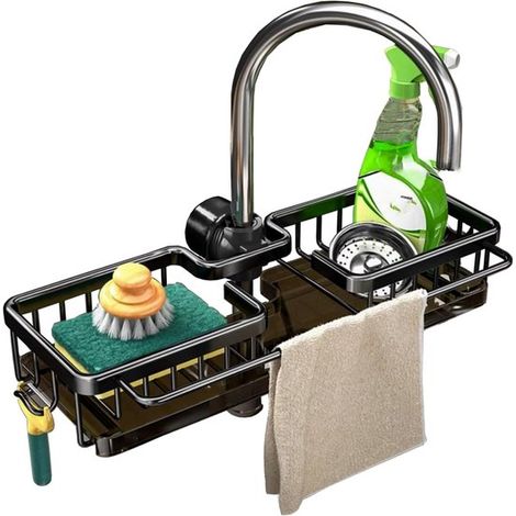 Organizzatore per lavello, porta strofinacci, ripiano per lavello, porta spugna, vassoio raccogligocce per rubinetti, rimovibile, appendibile con vassoio raccogligocce integrato. (1/5)