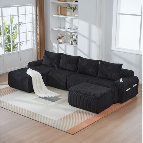 Sofá modular de pana negro 4 plazas con 2 reposapiés, portavasos y bolsillo lateral, 333x174x80 cm (1/5)