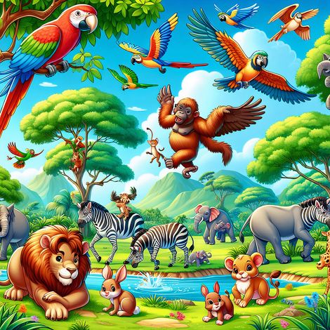Papier peint panoramique Enfants - Animaux de la Jungle - 130 cm x 130 cm (1/2)