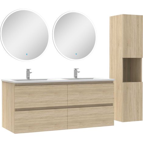 Ensemble meubles double vasque 120cm,colonne + miroir rond lumineux Chêne Wotan