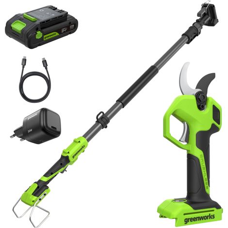 Sécateur Électrique 24V avec Perche Télescopique 1,29–2,00 m, Moteur Brushless, Lames Acier, Ouverture 22/32 mm, Écran LED, avec Batterie 2,0Ah