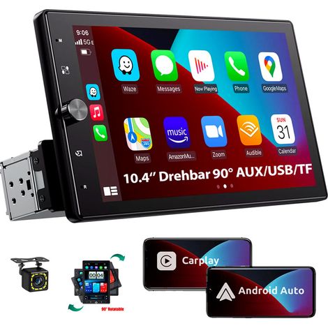 Autoradio 1 DIN Carplay Bluetooth sans fil Android Auto avec écran 10,4 pouces AUX - 12CAM