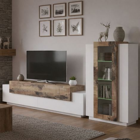 Dmora Modulare Wohnwand, Made in Italy, mit weißem LED-Licht, TV-Ständer und Vitrine, Modernes Wohnzimmer-Set, 290x45h121 cm, Glanzweiß und Ahornfarbe (1/5)