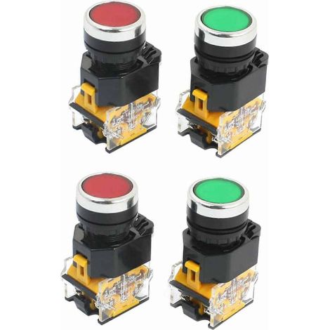 Lot de 4 interrupteurs à bouton-poussoir momentanés 22 mm, 10 A, 380 V, DPST, rouge et vert (1/4)