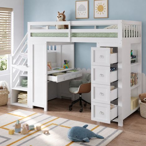 Kinderhochbett 90 x 200 cm mit Schreibtisch, Stauraum und Leiter, Holz, Weiß (1/5)