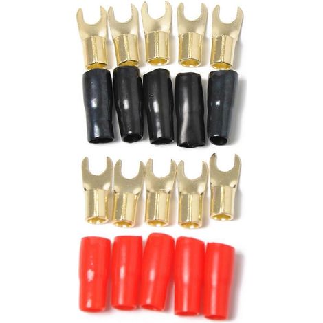 5 paires de cosses à fourche en cuivre plaqué or de calibre 8 pour câbles d'enceintes. Adaptateurs, connecteurs et fiches à sertir.