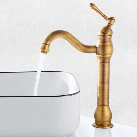 Retro Brass Bathroom Faucet High, Antique Basin Mixer Tap with Spout Height 230mm, Swivel Bathroom Basin Mixer Tap, Hot and Cold Hand Wash Faucet MUMU (1/4)