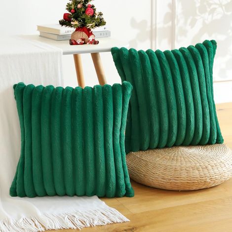 Housse de coussin - Lot de 2 - Velours et fausse fourrure - Fermeture éclair dissimulée - Salon et chambre - 60x60 cm vert foncé (1/5)