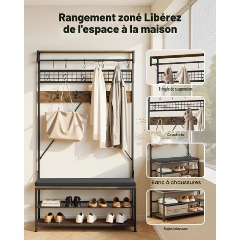 Meuble d'Entrée 183 cm, Porte Manteaux avec Banc à Chaussures 3 Niveaux, Rangement pour Couloir Chambre Dressing Salon, Vestiaire d'Entrée Autoportant en Acier, avec Patères et Tringle (1/5)