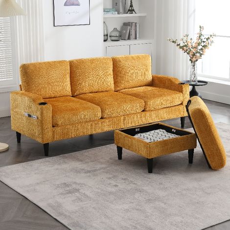 4-Sitzer Sofa mit Hocker und Stauraum, modulares Wohnzimmer Sofa mit Getränkehalter und Seitentaschen, Chenille-Bezug, 196,5 x 75 x 77 cm (1/5)