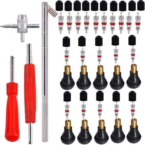 Kit de reparación de neumáticos de 44 piezas: herramientas, núcleos, tapas y válvulas de goma TR412 (1/4)