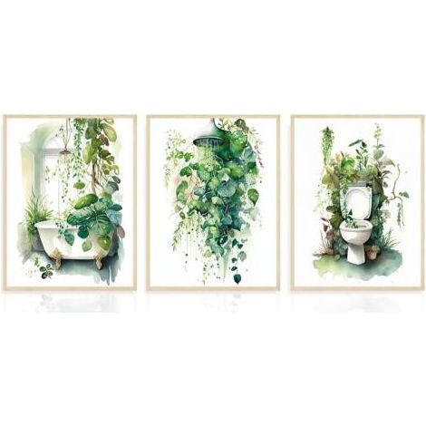 Set mit 3 dekorativen Badezimmerpostern mit salbeigrünem tropischem Blattmuster, 30 x 40 cm, ungerahmt, für Badezimmer oder Waschküche. (1/5)