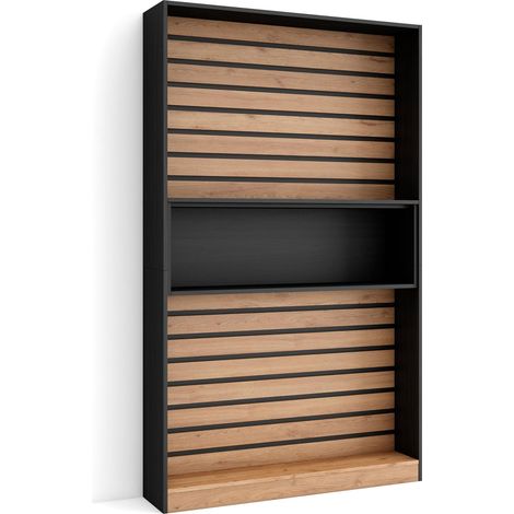 Skraut Home – Étagère bibliothèque 110x186x25cm – Chêne et noir – Panneaux à lattes en bois – Style moderne pour salon et bureau (1/5)