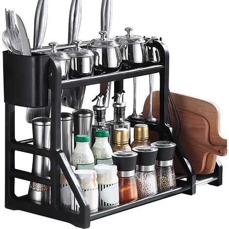 Étagère de rangement de cuisine mobile d'angle, porte-épices à double niveau, support à couteaux multifonctionnel noir (1/5)
