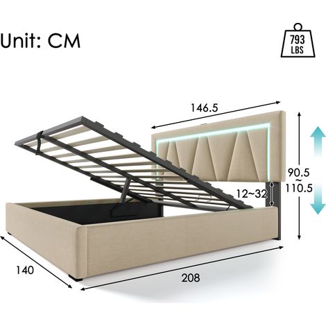 Lit double LED rembourré 140×200cm lin,USB Type-C,éclairage LED,rangements,cadre à lattes,lit jeunesse sans matelas (1/5)