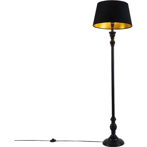 Qazqa – Lampadaire LED 155 cm avec abat-jour noir 45 cm – Intérieur doré – Douille E27 – Max 15W – Cordon 250 cm avec interrupteur