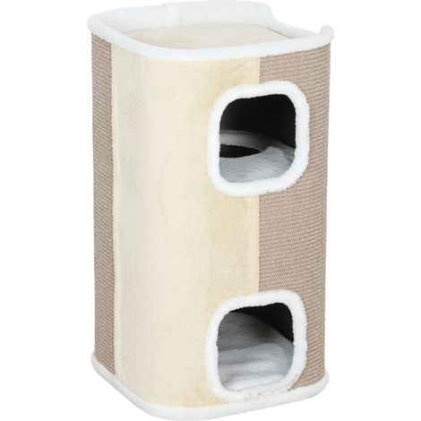Kratztonne für Katzen, Katzenbaum, 3 Ebenen, robust, weicher Plüsch, Rückzugsort, Beige (1/5)