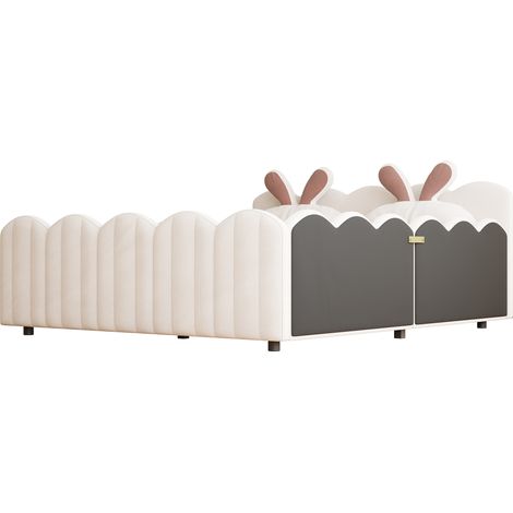 Lit plateforme rembourré 140x200 beige avec coussin en forme de lapin (1/5)