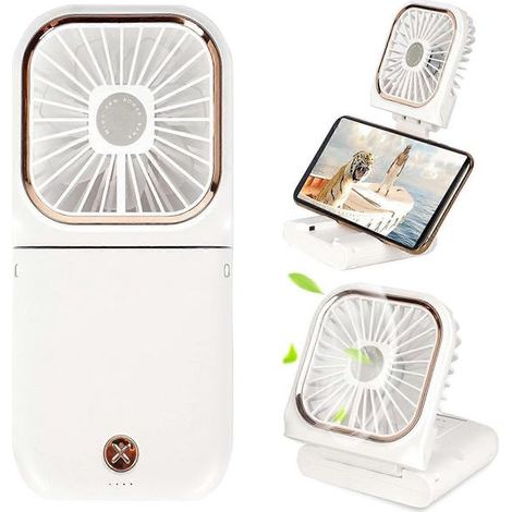 Mini ventilateur portable, petit ventilateur à piles 5 en 1 avec batterie externe rechargeable USB, blanc (1/5)