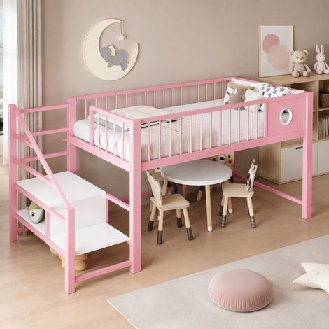 Letto a soppalco per bambini 90x200 cm, scala con ripiano, rosa, metallo, senza materasso FloraGrace (1/5)
