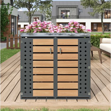 Abri cache-poubelles gris aspect bois en acier galvanisé avec 2 compartiments, portes verrouillables et bac à plantes (1/5)