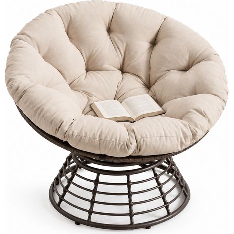 Fauteuil Papasan Pivotant Ergonomique 360 Degrés avec Coussin Épais pour Salon Chambre, Acier Marron et Beige