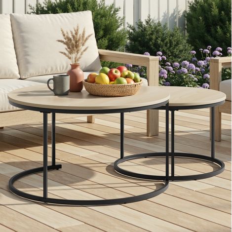 Mesa Baja Redonda, Set de 2 Mesas Anidadas, Tablero Aspecto Madera y Estructura de Metal, para Salón, 80 × 80 × 45 cm (1/5)