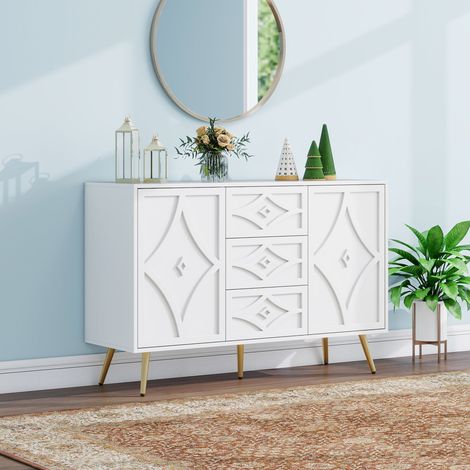 Commode élégante à motif losange – Buffet blanc avec 3 tiroirs et 2 portes,pieds dorés,120×40×80 cm,design moderne pour salon,couloir ou chambre