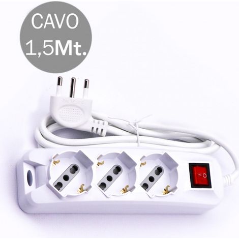 Multipresa con 3 Prese 10/16A 2P+T Bipasso/Schuko 45° e Interruttore Generale Luminoso e Cavo 1,5m Spina 16A 2P+T Colore Bianco (1/6)
