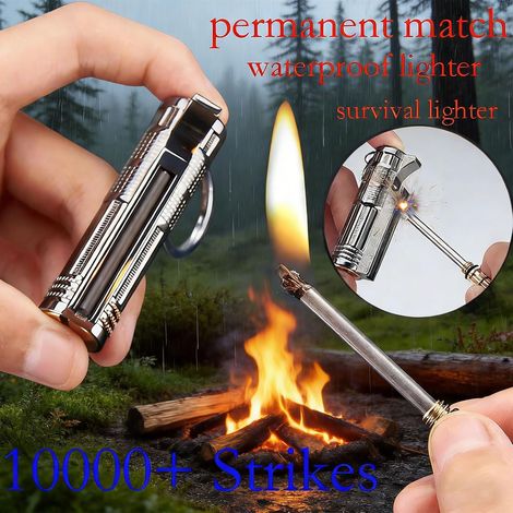 Allumettes éternelles étanches – Porte-clés Survival en métal avec Silex et décapsuleur, kit d’Urgence Compact pour Camping, randonnée et Survie (Silver) (1/4)