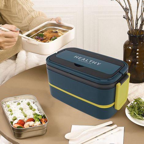 Boîte à lunch de style japonais, conçue pour les étudiants et les employés de bureau, portable, compartimentée, compatible avec le micro-ondes, bleu-vert. (1/5)