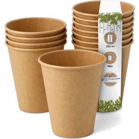 100 gobelets jetables, en papier non blanchi marron, 250 ml, résistants aux boissons chaudes et froides, pour cafés et événements