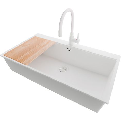 PRIMAGRAN Evier Cuisine en Granit 88x50cm, Lavabo 1 bac + Robinet 38x14cm + Kit de Vidage + Accessoire, Évier à Encastrer au meuble 90cm - Oslo, Tout Blanc (1/5)
