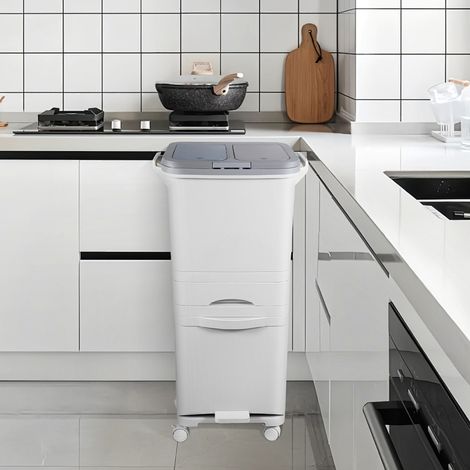 Wolketon Poubelle de tri mobile 42 L, 3 bacs, ouverture à pédale et par pression, roulettes pivotantes avec frein, blanche (1/5)