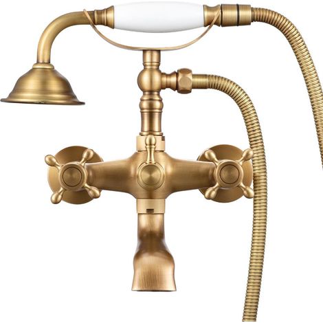 Auralum Max Badewannenarmatur in Kupferoptik mit Handbrause, Doppelauslauf für Badewanne/Dusche, um 180° schwenkbarer Auslauf, Messingkörper, 1,5 m langer Schlauch, Retro-Design (1/5)