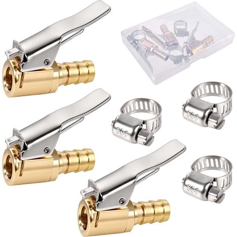 3 pièces mandrin pneumatique à verrouillage avec clip Mini compresseur d'air Gonfleur de pneus portable Mandrin pour pneus Extrémité de tuyau avec pince (1/4)