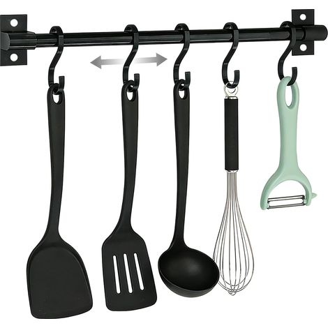 Porte Ustensiles Cuisine Mural 30cm Support Ustensiles Sans Percage avec 5 Crochets Réglable Barre Ustensile Accroche Murale Barre à Crochets pour Salle de Bains,Garage