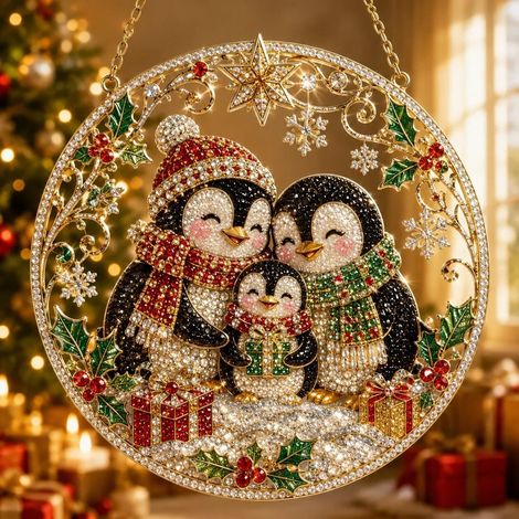 Peinture acrylique style diamant de Noël, famille de pingouins 20 cm