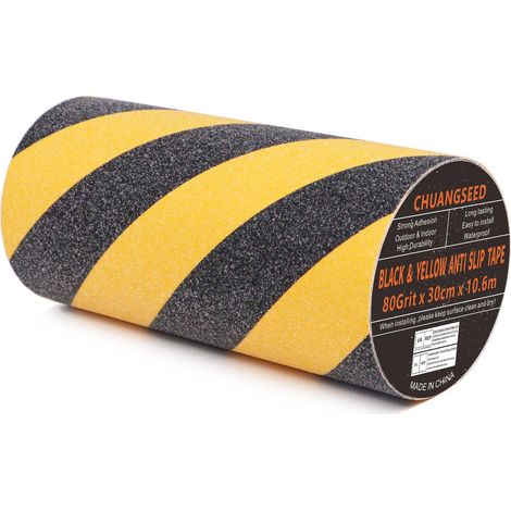 Black and yellow anti-slip tape, 30cm x 10.6m, anti-slip strips for outdoor stairs, yellow and black, for stair warnings, steps, and flooring. (1/5)