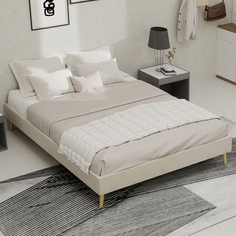 Bett 140x200 cm – Bettrahmen 140x200 mit Lattenrost – Kopfteil und Matratze nicht im Lieferumfang enthalten – aus beigem holländischem Samt