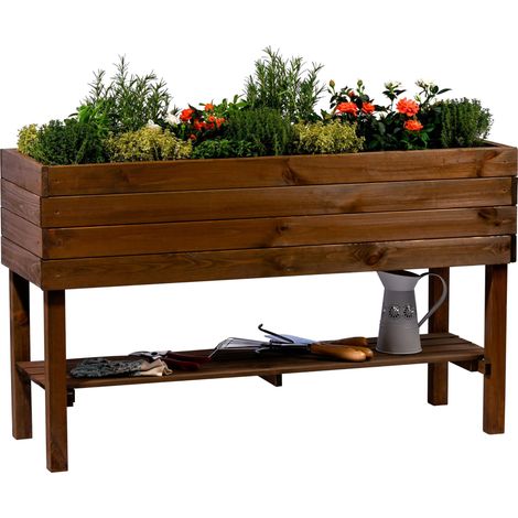 Grande jardinière surélevée avec Surface de Rangement - Jardinière avec Film pour Plantes - 117 x 40 x 70,5 cm - Pin - Marron (1/4)
