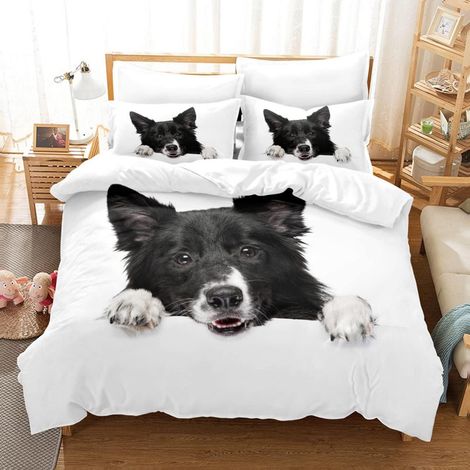 Bettwäsche 200x200 cm 3D Border Collie Hunde Mikrofaser 3-teilig mit Reißverschluss