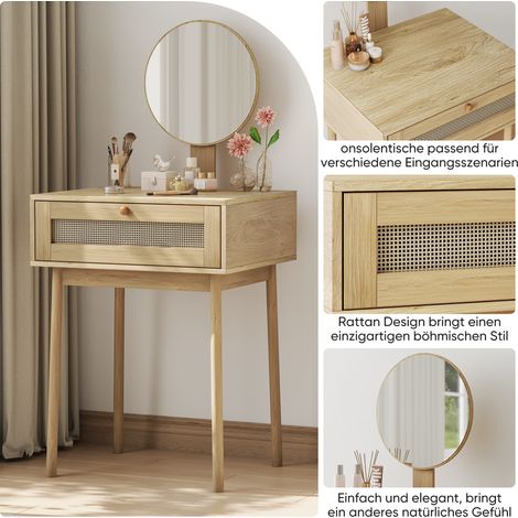 Coiffeuse en rotin avec miroir, table de maquillage compacte pour chambre, bureau de beauté mignon pour petit espace, sans chaise. (1/5)