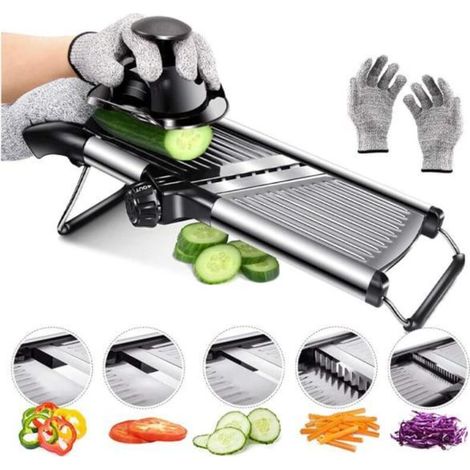 Professional stainless steel kitchen mandoline, adjustable multifunctional mandoline with hand guard and safety gloves