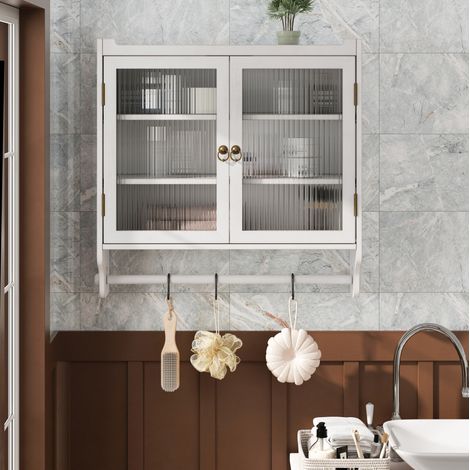 Meuble mural 63x18x60 cm en bois et verre blanc, avec rangement salle de bain FloraGrace (1/5)